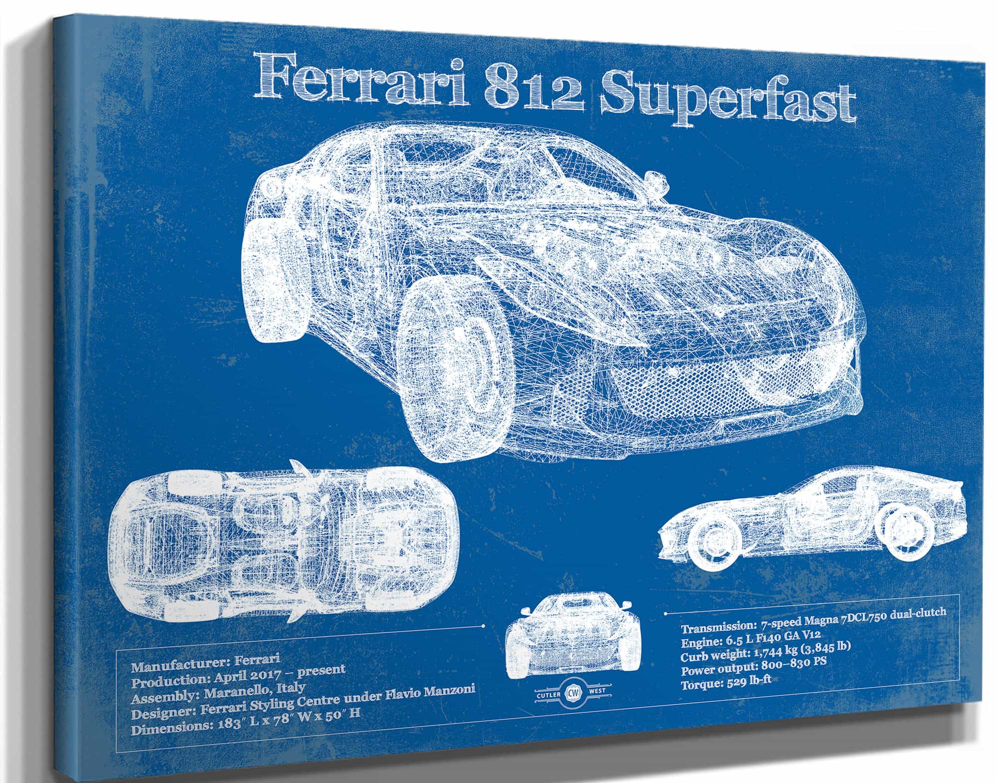 Ferrari 812 Superfast Blueprint Vintage Auto Art by Cutler West