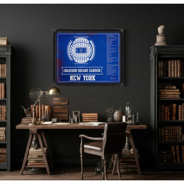New York Rangers Team Colors - Madison Square Garden Vintage Hockey Blueprint NHL Print