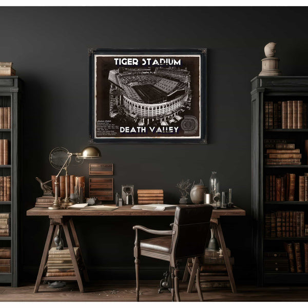 Tiger Stadium Art - LSU Tigers Vintage Stadium & Blueprint Art Print