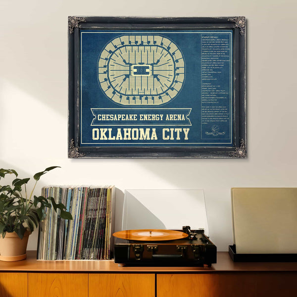 Oklahoma City Thunder - Chesapeake Energy Arena Vintage Basketball Blueprint NBA Team Color Print