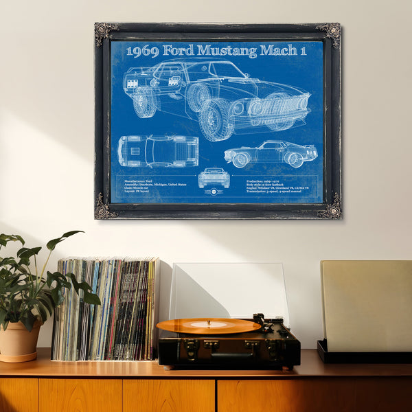 1969 Ford Mustang Mach 1 Vintage Blueprint Auto Print