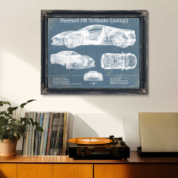 Ferrari F8 Tributo (2019) Blueprint Vintage Auto Print