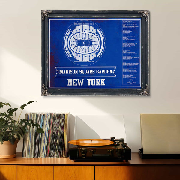 New York Rangers Team Colors - Madison Square Garden Vintage Hockey Blueprint NHL Print