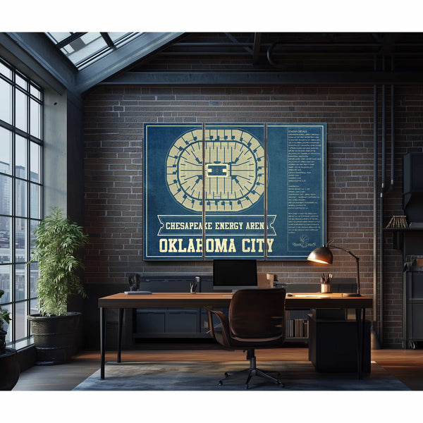 Oklahoma City Thunder - Chesapeake Energy Arena Vintage Basketball Blueprint NBA Team Color Print