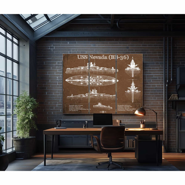 USS Nevada (BB-36) Battleship Blueprint Original Military Wall Art - Customizable