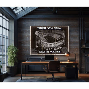 Tiger Stadium Art - LSU Tigers Vintage Stadium & Blueprint Art Print