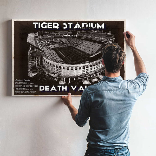 Tiger Stadium Art - LSU Tigers Vintage Stadium & Blueprint Art Print