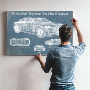 Porsche Taycan Turbo S 2020 Vintage Blueprint Auto Print