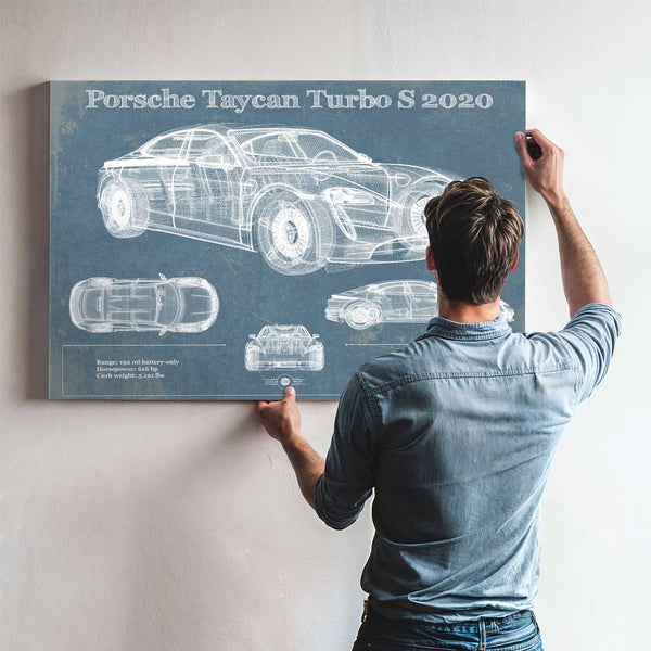 Porsche Taycan Turbo S 2020 Vintage Blueprint Auto Print