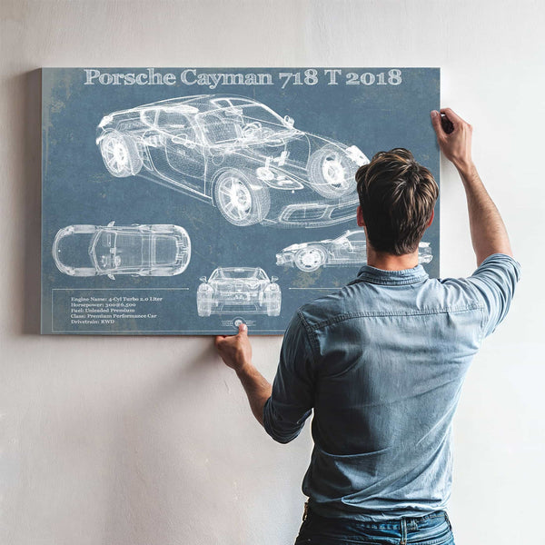 Porsche Cayman 718 T 2018 Vintage Blueprint Auto Print