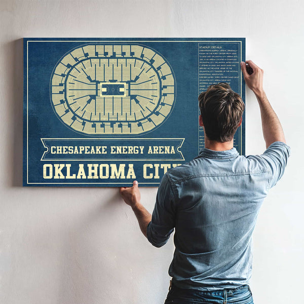Oklahoma City Thunder - Chesapeake Energy Arena Vintage Basketball Blueprint NBA Team Color Print