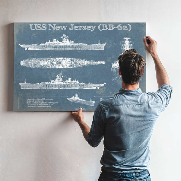 USS New Jersey (BB-62) Battleship Blueprint Original Military Wall Art - Customizable