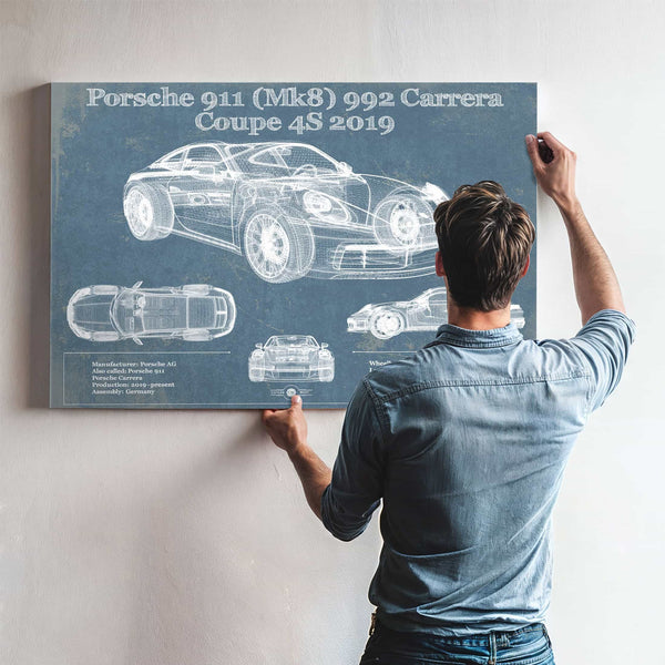 Porsche 911 Mk8 992 Carrera Coupe 4s 2019 Vintage Blueprint Auto Print