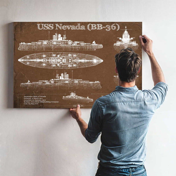 USS Nevada (BB-36) Battleship Blueprint Original Military Wall Art - Customizable