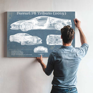 Ferrari F8 Tributo (2019) Blueprint Vintage Auto Print