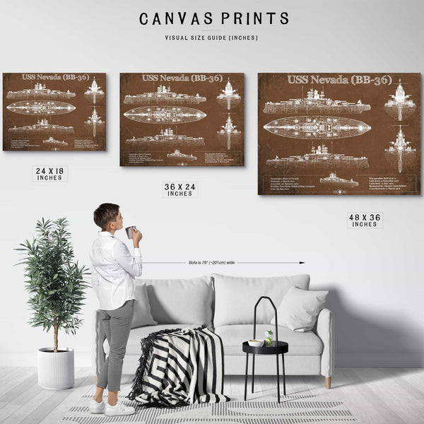 USS Nevada (BB-36) Battleship Blueprint Original Military Wall Art - Customizable