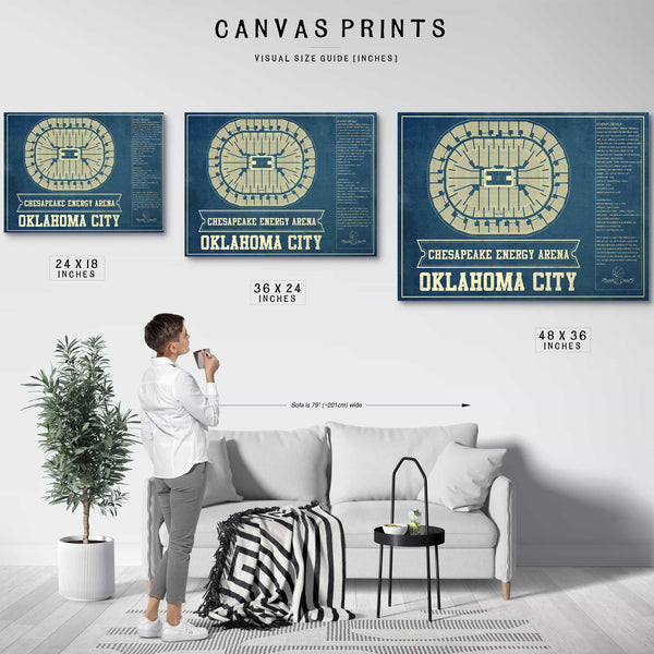 Oklahoma City Thunder - Chesapeake Energy Arena Vintage Basketball Blueprint NBA Team Color Print