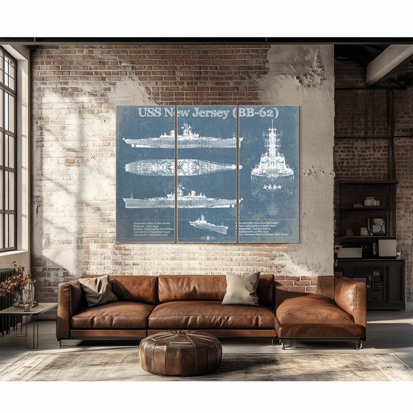 USS New Jersey (BB-62) Battleship Blueprint Original Military Wall Art - Customizable
