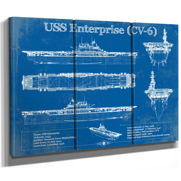 USS Enterprise (CV-6) Aircraft Carrier Blueprint Original Military Wall Art - Customizable
