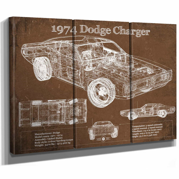 1974 Dodge Charger Vintage Blueprint Auto Print
