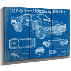 1969 Ford Mustang Mach 1 Vintage Blueprint Auto Print