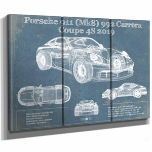Porsche 911 Mk8 992 Carrera Coupe 4s 2019 Vintage Blueprint Auto Print