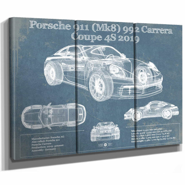 Porsche 911 Mk8 992 Carrera Coupe 4s 2019 Vintage Blueprint Auto Print