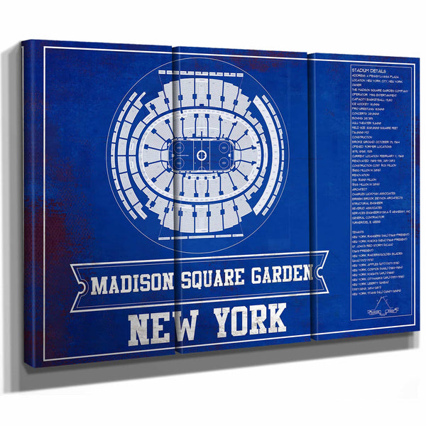New York Rangers Team Colors - Madison Square Garden Vintage Hockey Blueprint NHL Print
