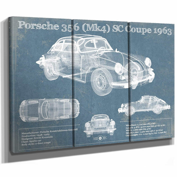 Porsche 356 (Mk4) SC Coupe 1963 Vintage Blueprint Auto Print