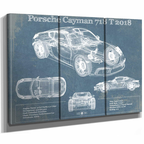Porsche Cayman 718 T 2018 Vintage Blueprint Auto Print