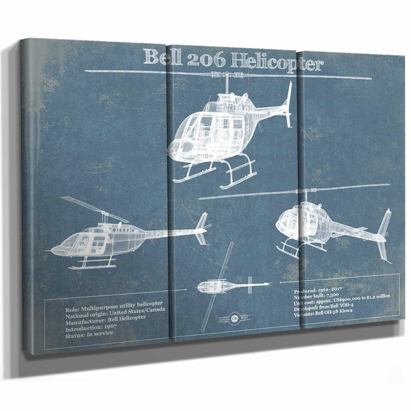 Bell 206 JetRanger/LongRanger Vintage Blueprint Helicopter Print