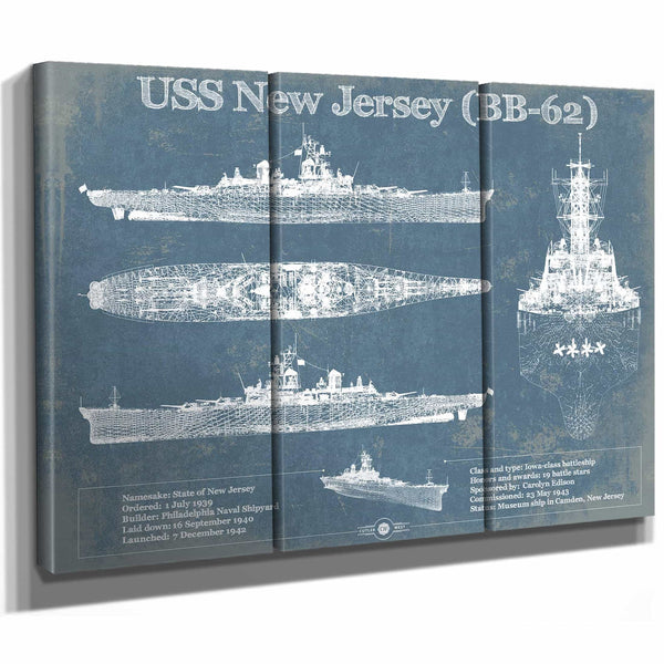 USS New Jersey (BB-62) Battleship Blueprint Original Military Wall Art - Customizable