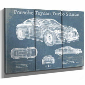Porsche Taycan Turbo S 2020 Vintage Blueprint Auto Print