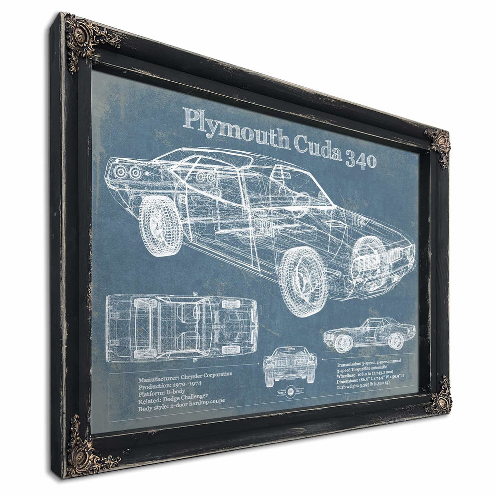 1972-1974 Plymouth Barracuda 340 Vintage Blueprint Auto Print