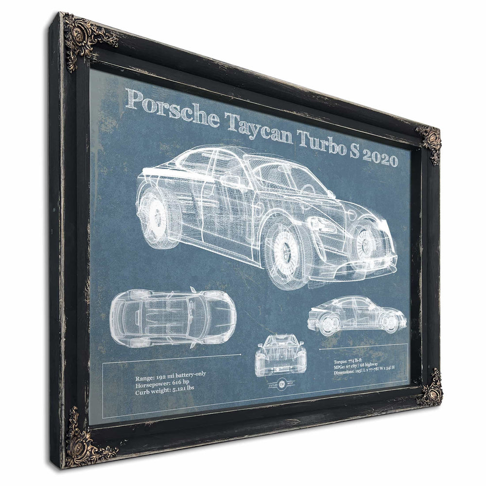 Porsche Taycan Turbo S 2020 Vintage Blueprint Auto Print