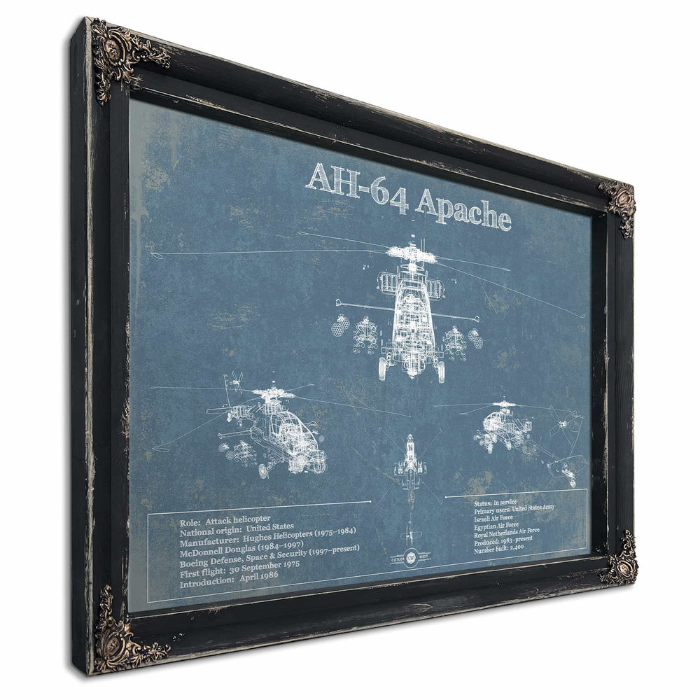 AH-64 Apache Helicopter Vintage Aviation Blueprint Military Print