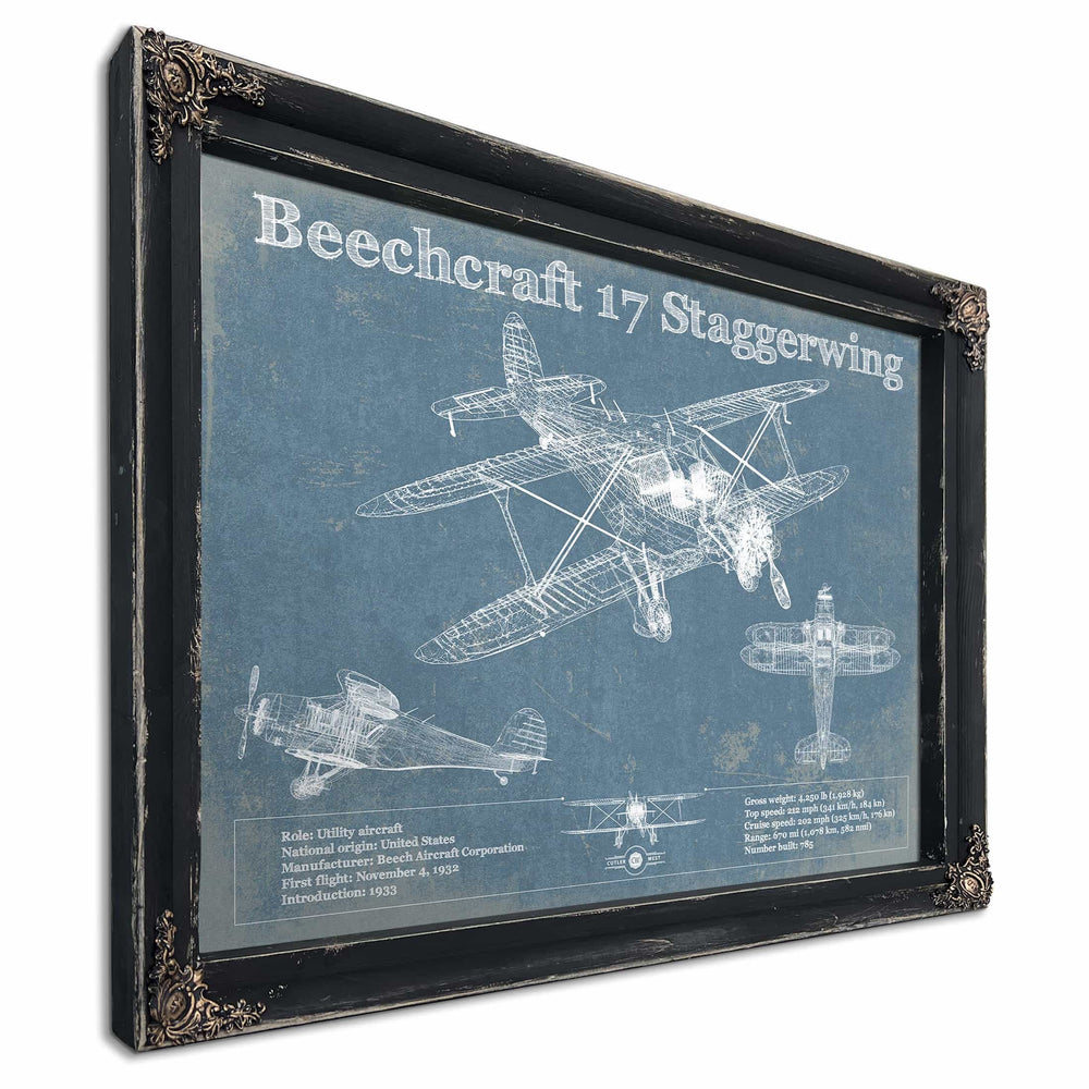 Beechcraft Model 17 Staggerwing Vintage Blueprint Airplane Print