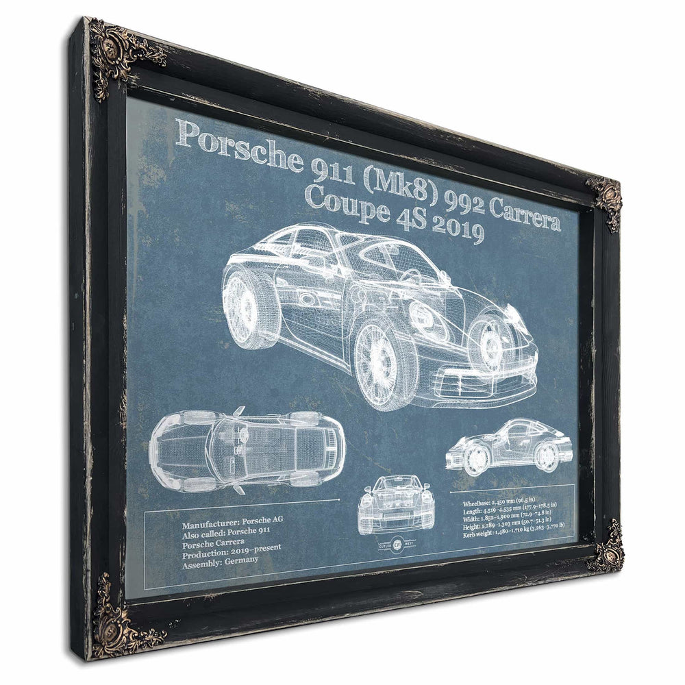 Porsche 911 Mk8 992 Carrera Coupe 4s 2019 Vintage Blueprint Auto Print