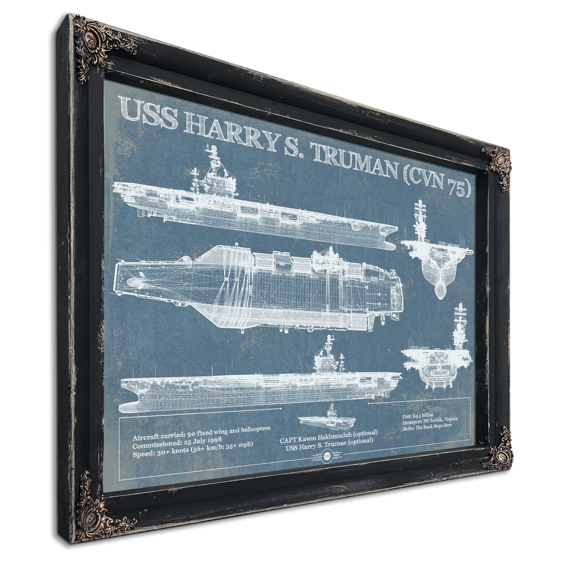  Navy 手描きアート作品 フレーム付き USS Harry S Truman (CVN 75) Aircraft Carrier Wall Art Print | Cutler W