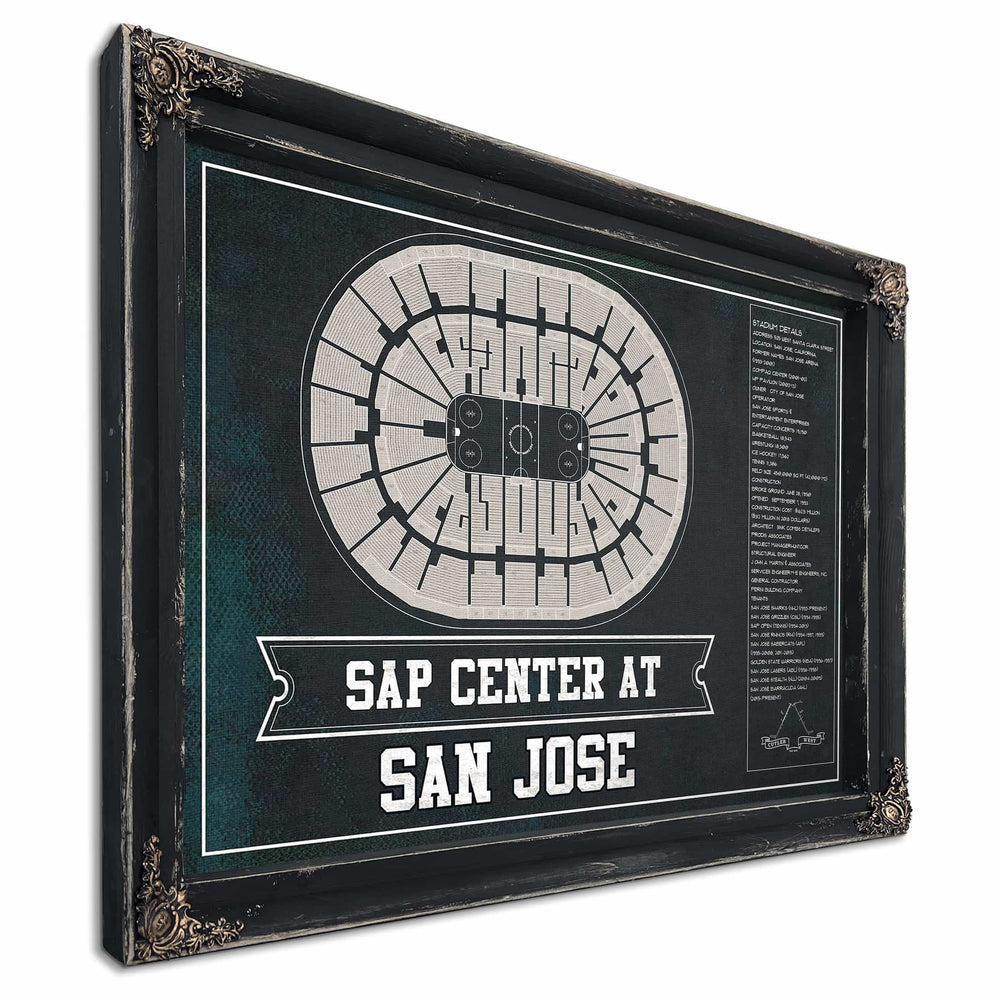 San Jose Sharks Team Colors - SAP Center (San Jose Arena) Vintage Hockey Blueprint NHL Print