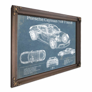 Porsche Cayman 718 T 2018 Vintage Blueprint Auto Print