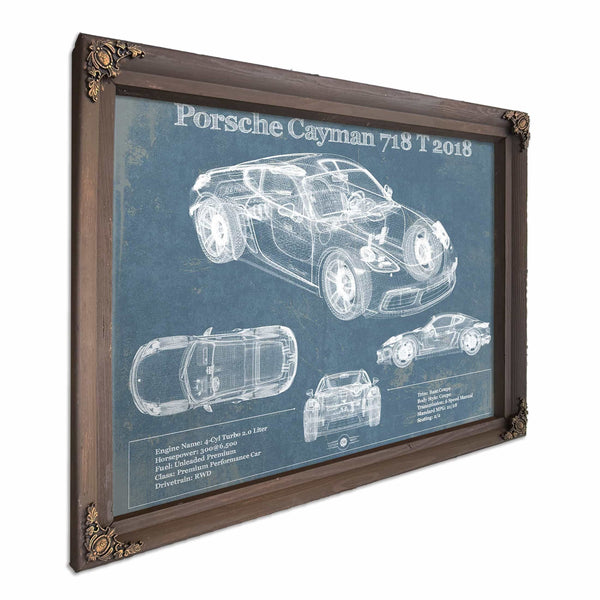 Porsche Cayman 718 T 2018 Vintage Blueprint Auto Print