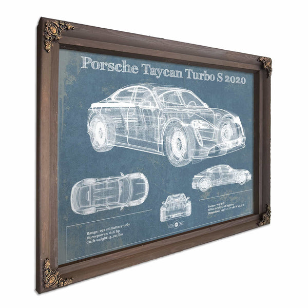 Porsche Taycan Turbo S 2020 Vintage Blueprint Auto Print