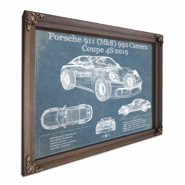 Porsche 911 Mk8 992 Carrera Coupe 4s 2019 Vintage Blueprint Auto Print