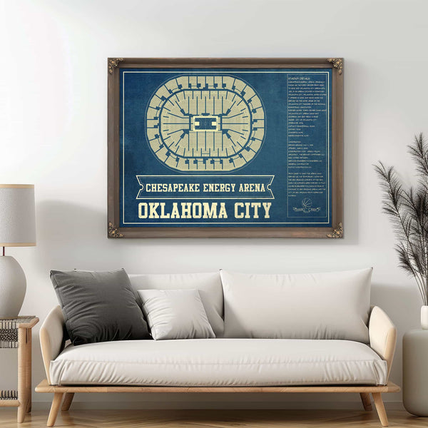 Oklahoma City Thunder - Chesapeake Energy Arena Vintage Basketball Blueprint NBA Team Color Print
