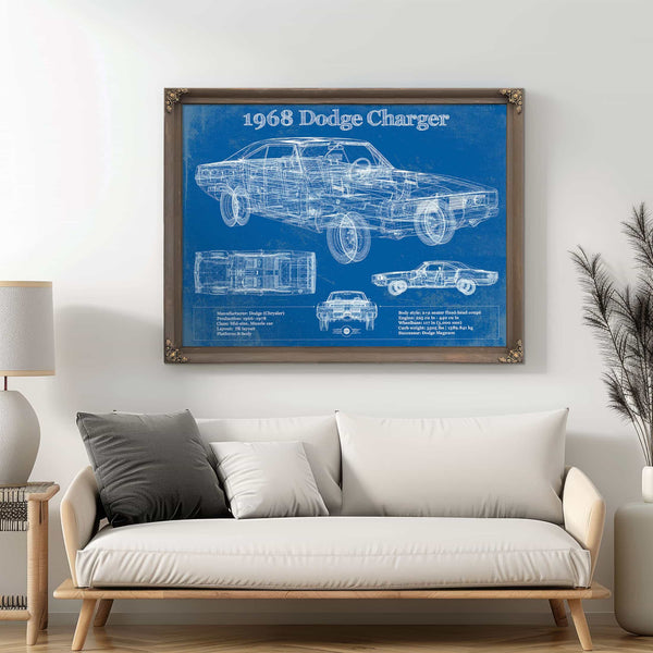 1968 Dodge Charger Vintage Blueprint Auto Print