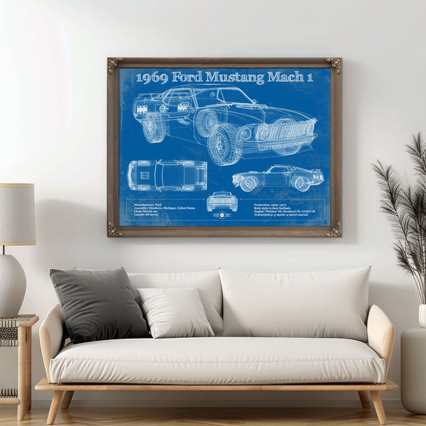 1969 Ford Mustang Mach 1 Vintage Blueprint Auto Print