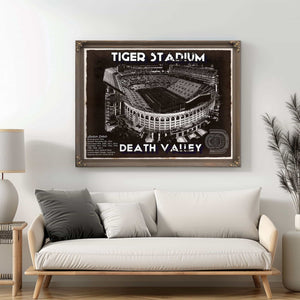 Tiger Stadium Art - LSU Tigers Vintage Stadium & Blueprint Art Print