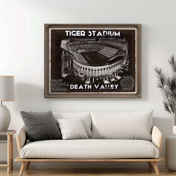 Tiger Stadium Art - LSU Tigers Vintage Stadium & Blueprint Art Print