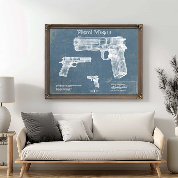 Pistol M1911 Blueprint Vintage Gun Print